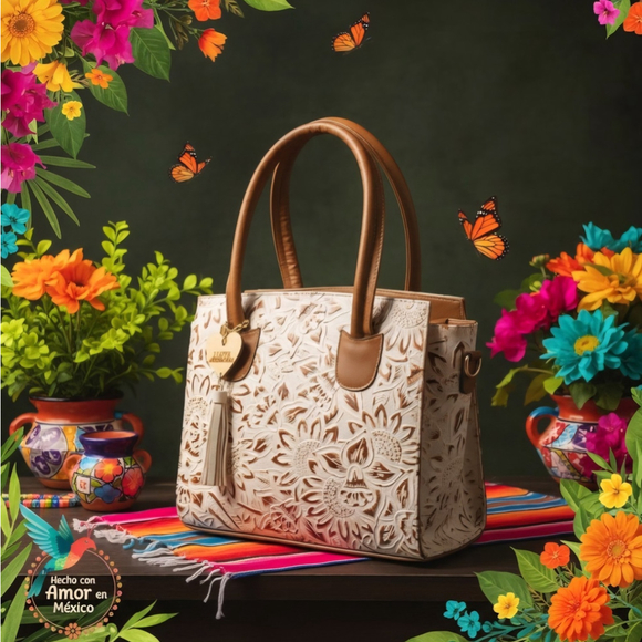 Gold White Sunflower Embossed Tooled Artisan LEATHER Crossbody Handbag Purse - Picture 15 of 15